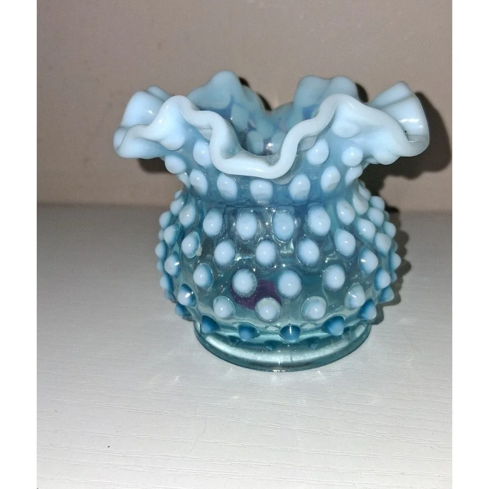 Vintage Fenton Blue Opalescent Hobnail Vase & Ruffled Plate Set 3